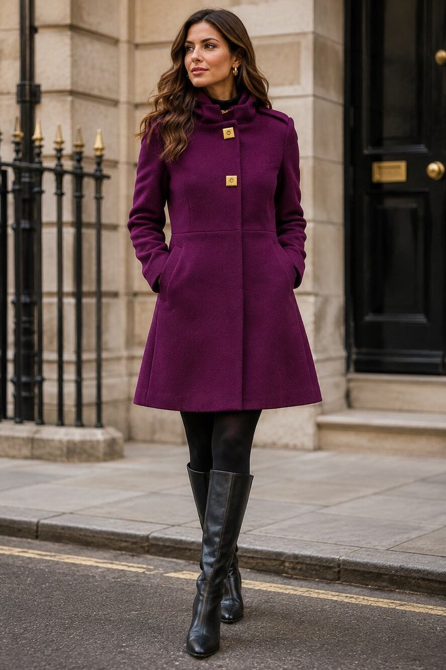 Quiet Luxury Fit & Flare Wool Coat Gold Hardware Gloverall Duffle Purple Sz 4